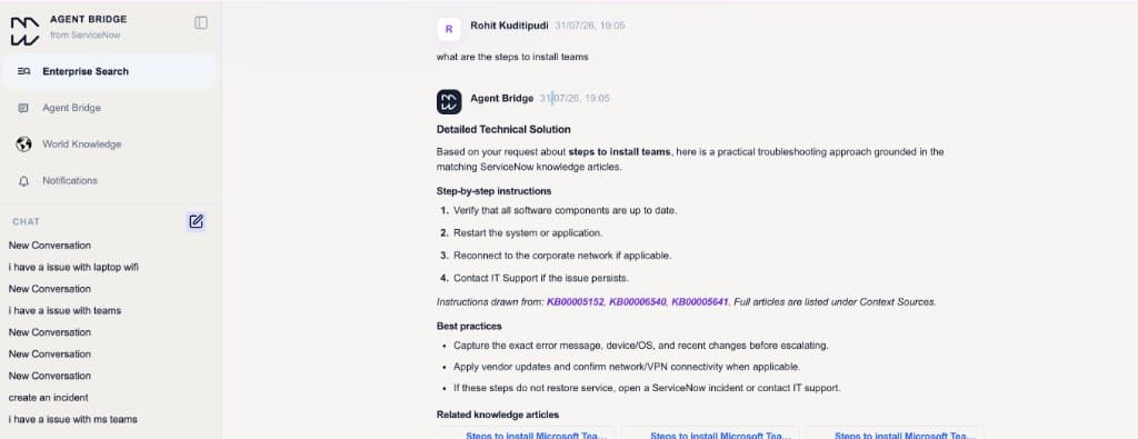 Agent Bridge chat with related knowledge articles