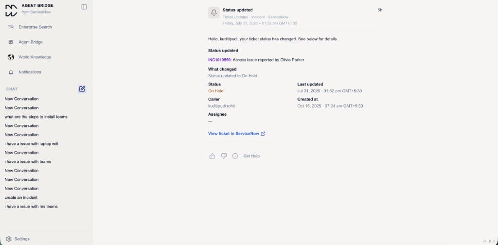 Agent Bridge incident status update notification
